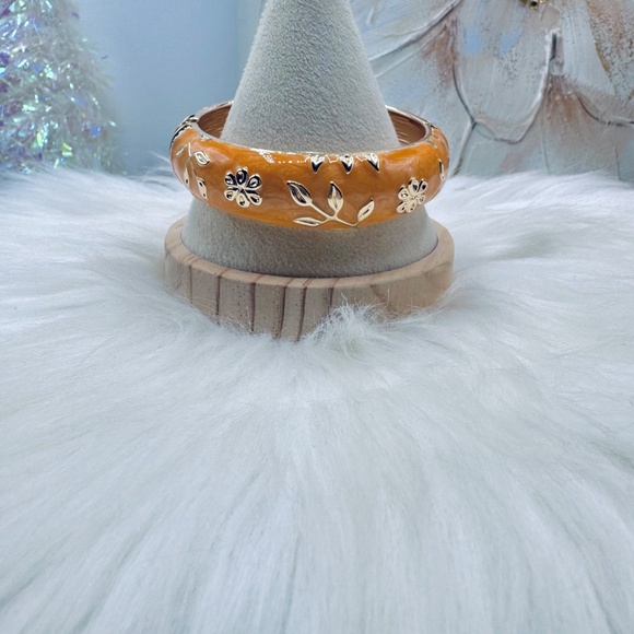 The Orange and Gold Thick Enamel Floral Design Bangle Bracelet - Picture 2 of 6